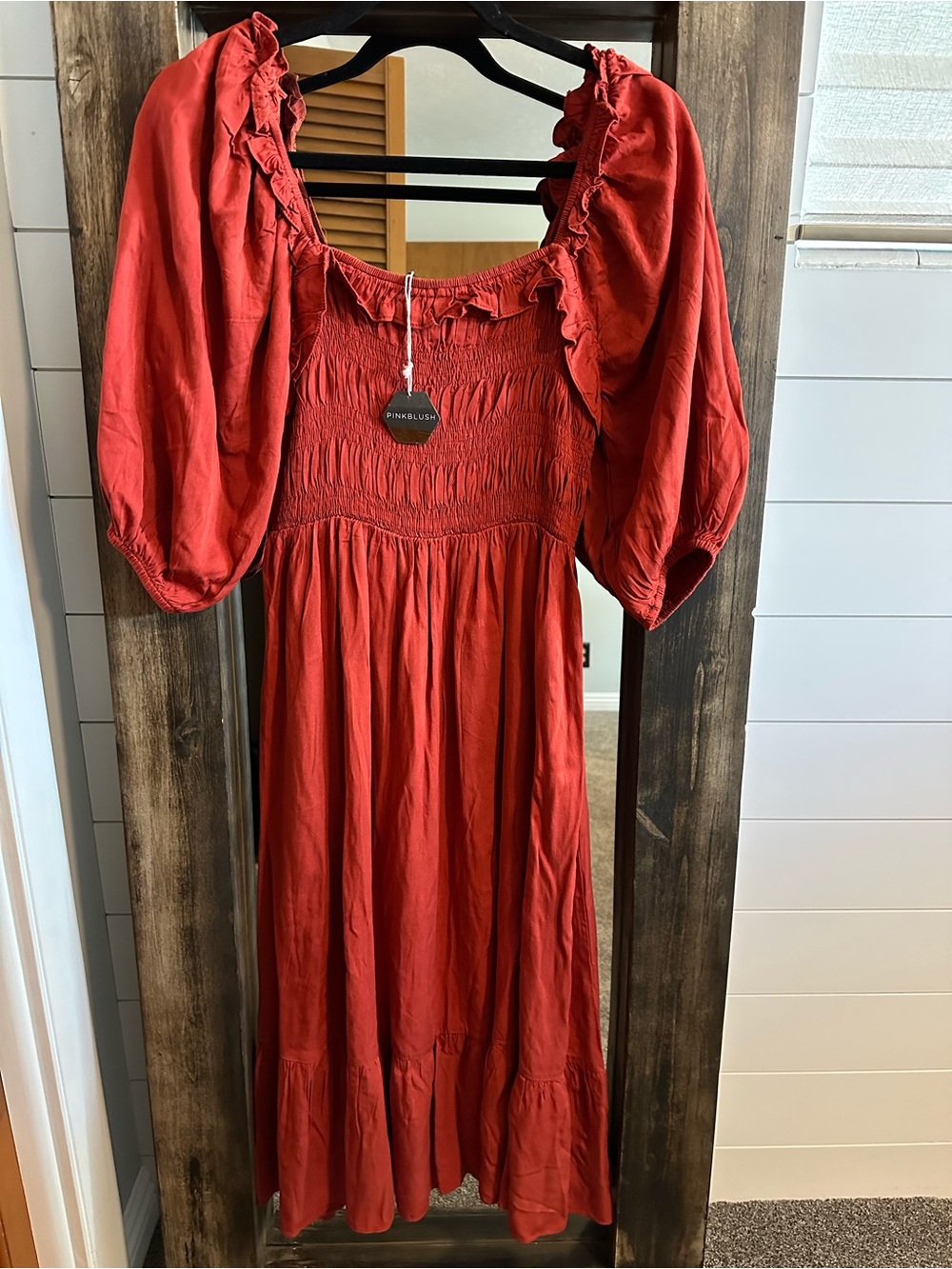Pinkblush Rust Smocked Midi Dress Puff Sleeve Cottagecore Boho Prairie Sz S NWT